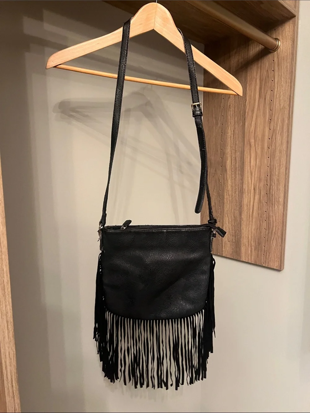 Black Fringe Crossbody Bag with Adjustable Strap